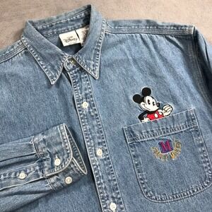 Vintage Disney Mickey Mouse Denim Shirt Men's Medium Blue Jean Button Up 90s